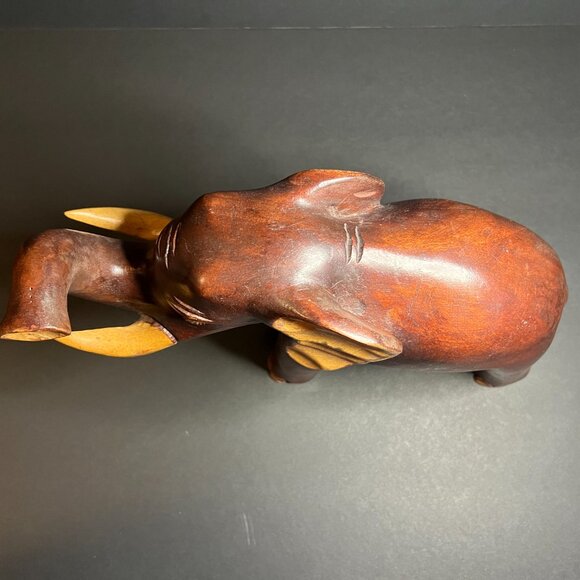 Vintage Large Hand Carved Solid Wood Lucky Elephant w/ Raised Trunk Figure 8.5" - Picture 6 of 7